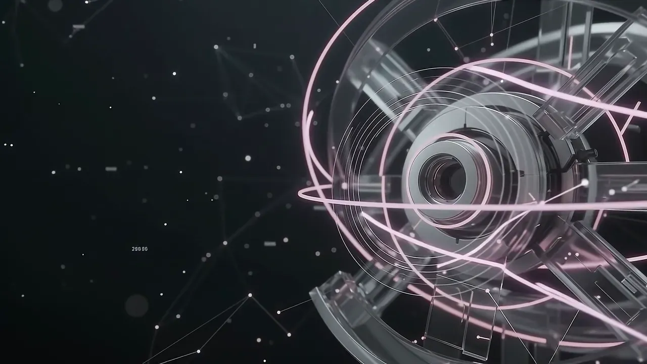 A glass orbital mechanism with pink-lit silver rings assembling around a luminous core.