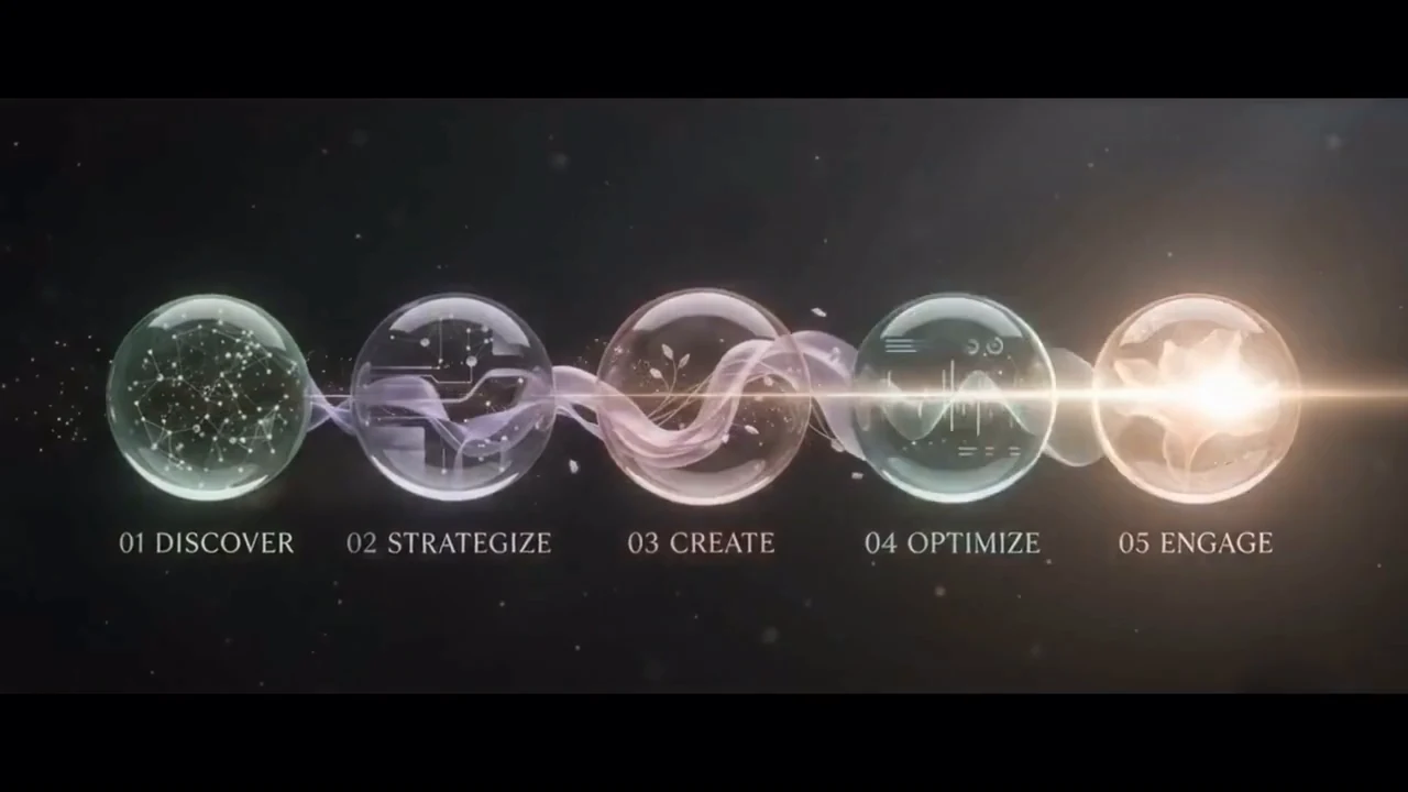 Five glass spheres on a glowing line, lighting up one by one: Discover, Strategize, Create, Optimize, Engage.