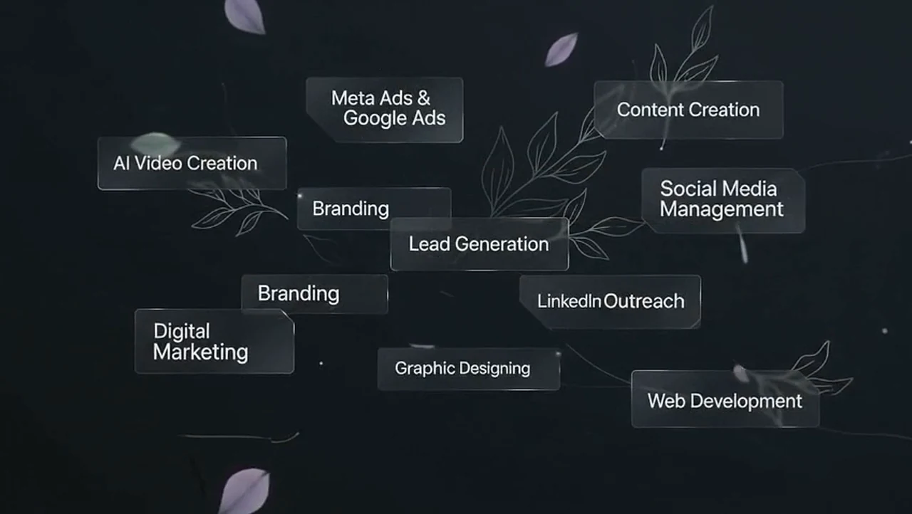 Leaves and threads of light drift together into a labelled map of services: AI video creation, Meta and Google Ads, content creation, social media management, branding, lead generation, LinkedIn outreach, digital marketing, graphic designing and web development.